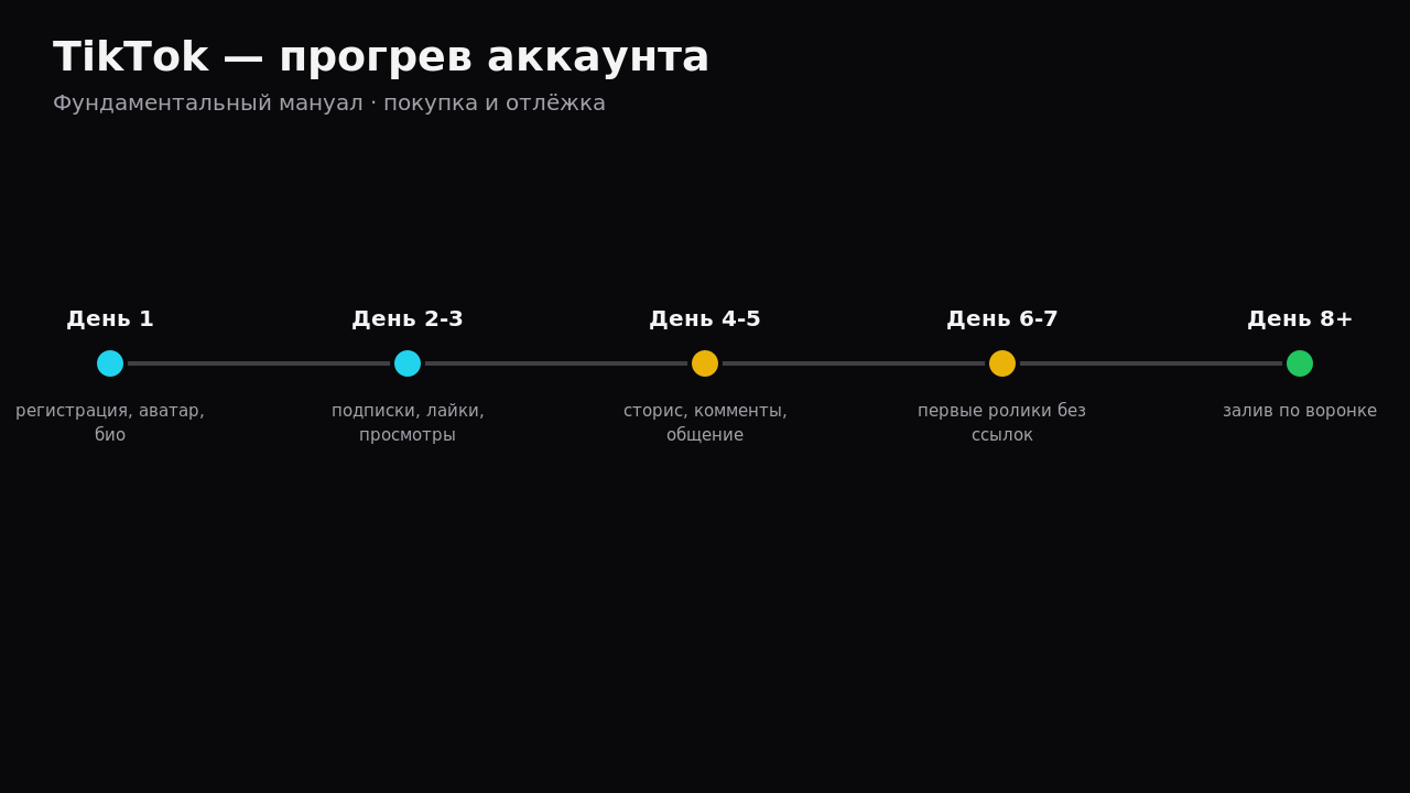 Календарный таймлайн 14-дневного прогрева аккаунтов TikTok